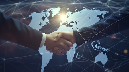 Partnership concept. Image of business handshake over world map backgroundの写真素材