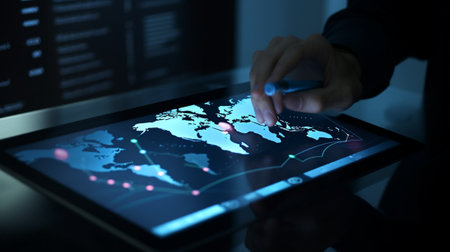businessman hand working with tablet computer and world map on dark backgroundの写真素材