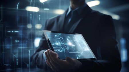 Businessman using digital tablet with global connection concept. 3D rendering