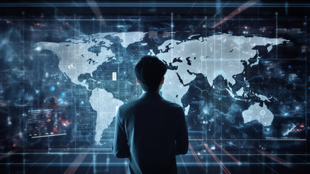 Businessman in front of a digital world map. Mixed media. Mixed mediaの写真素材