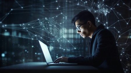 Young man in glasses using laptop at night with network and connection conceptの写真素材