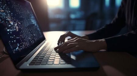 Close up of female hands typing on laptop keyboard in dark office at nightの写真素材