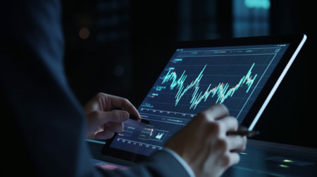 businessman using smart phone and digital tablet with stock market graph on screen