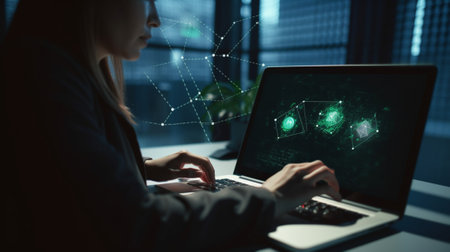 Businesswoman working on laptop in dark office. 3D rendering.