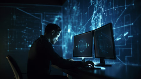Side view of young hacker in dark office using computer. Mixed mediaの写真素材