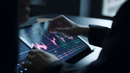 Close up of businesswoman using tablet computer with financial chart on screen