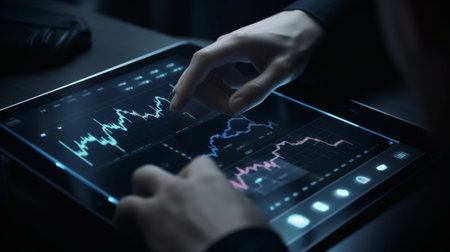 businessman hand working with financial data on tablet computer in dark officeの写真素材