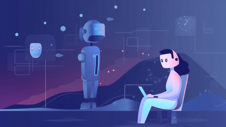 Artificial intelligence concept vector illustration. Cartoon flat tiny robot sitting on chair and using laptop.の写真素材
