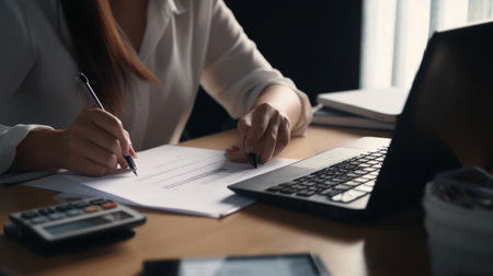 Close-up of businesswoman working with documents and laptop in office.の写真素材