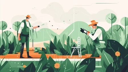 Gardening and farming flat vector illustration. Cartoon man and woman working in garden, watering plants, growing flowers. Gardening and agriculture conceptの写真素材