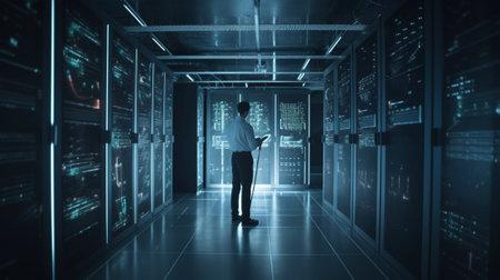 Businessman in server room looking at the data center. Mixed media