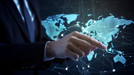Close up image of businessman touching icon of media screen with world map