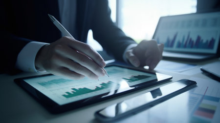 Businessman analyzing investment charts with laptop. Accounting,investment concept.の写真素材
