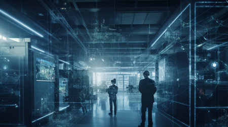 Businessman and businesswoman walking in modern office corridor. Mixed mediaの写真素材
