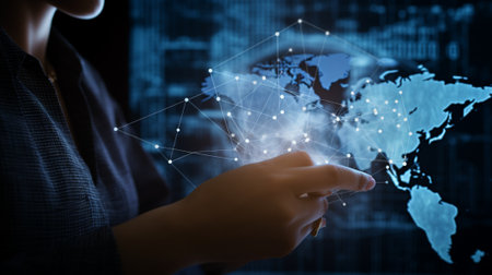 Close up of businesswoman working with virtual panel and world map at backgroundの写真素材