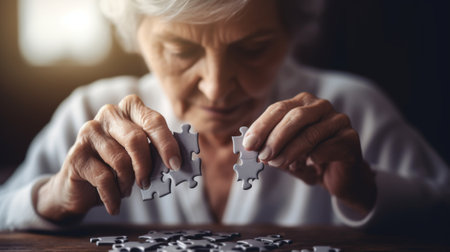 Closeup of senior woman putting jigsaw puzzle piece on table at homeの写真素材
