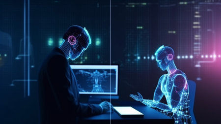 3D rendering of robot and man working with computer in dark roomの写真素材