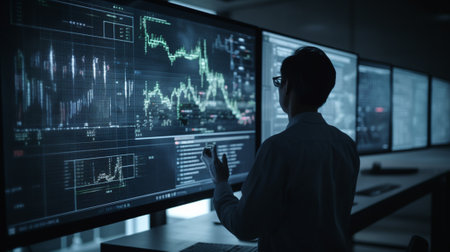 Businessman looking at stock market data on the monitor in office.の写真素材