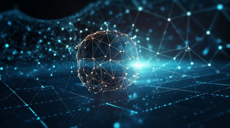 3D rendering of abstract digital sphere on blue background with connection lines and dots