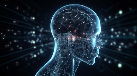 Digital human brain interface on dark background 3D rendering toned image