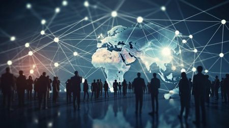 Global communication and networking concept with 3D rendering world map and people silhouettesの写真素材