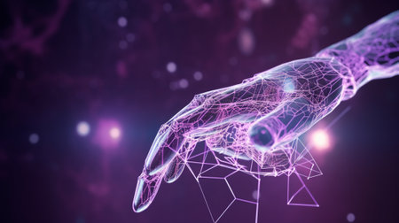 3D rendering of a hologram human hand on a dark background with stars and nebulaの写真素材