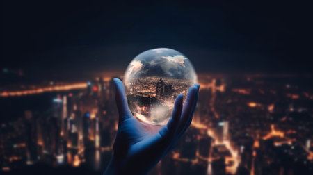 Close up of human hand holding planet earth against night cityscape background