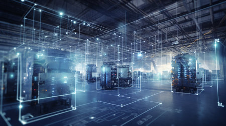 Modern warehouse interior with glowing technology interface. 3d rendering toned image double...
