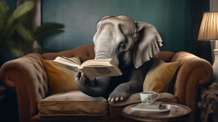 Asian elephant reading a book while sitting on a sofa in the living roomの写真素材