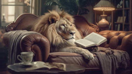 Lion reading a book on a leather sofa in a living roomの写真素材