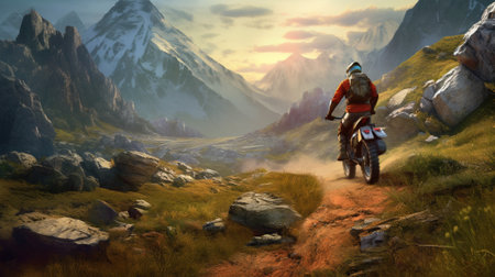 Motorcyclist riding in the mountains at sunset. 3d renderingの写真素材