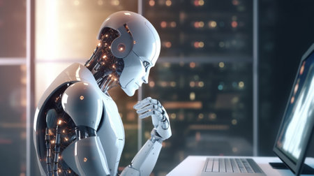 Robot humanoid working on laptop computer in bright office 3D rendering