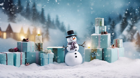 Snowman and gift boxes on snowy background. Christmas and New Year concept.の写真素材