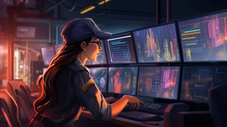 Female security guard in surveillance room. This is a 3d render illustration.の写真素材