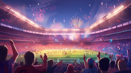 Digital composite of People at soccer stadium cheering with fireworks in the skyの写真素材