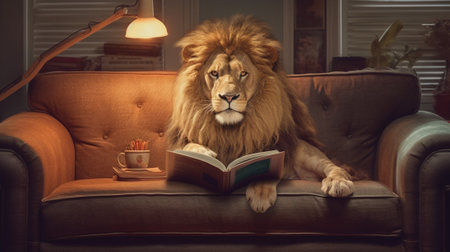 Lion reading a book on a sofa in the living room.の写真素材