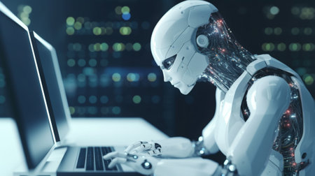 Robot humanoid working with laptop on dark background 3D rendering.の写真素材