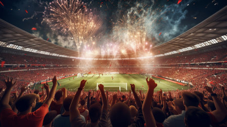 Crowd cheering at a soccer stadium with fireworks exploding in the backgroundの写真素材