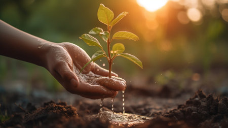Human hand watering a young plant in the ground with sunlight background.の写真素材
