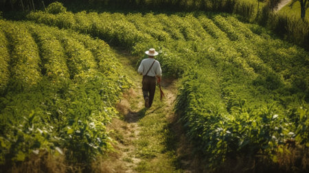 Farmer walking on a path in the middle of a green fieldの写真素材