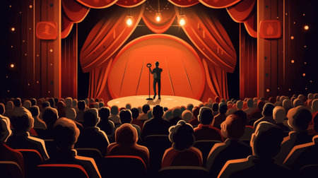 Cinema auditorium with red curtains and seats. Vector illustrationの写真素材