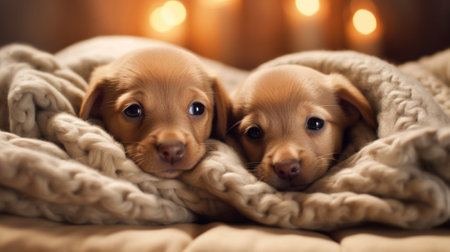 Cute puppies on a soft blanket. New Year's mood.の写真素材