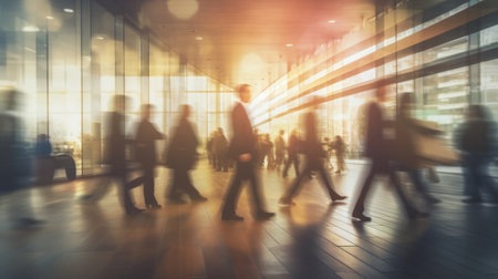 Blurred image of business people walking in an office building, motion blurの写真素材