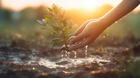 Human hand watering young plant in garden at sunset time. Ecology conceptの写真素材
