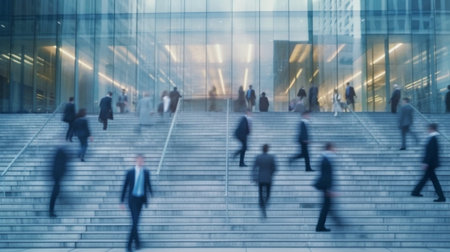 Business people walking up the stairs of a modern office building, motion blurの写真素材