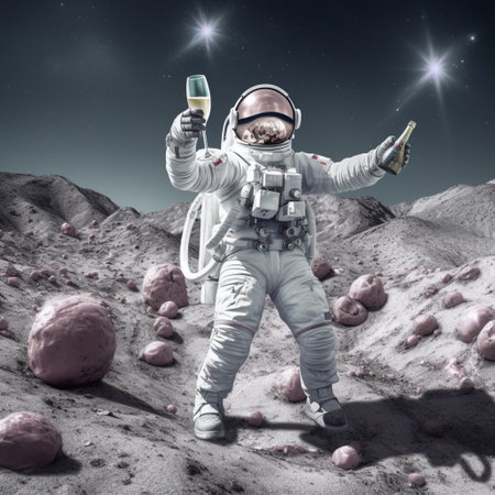 Astronaut in outer space with a bottle of champagne. Mixed mediaの写真素材