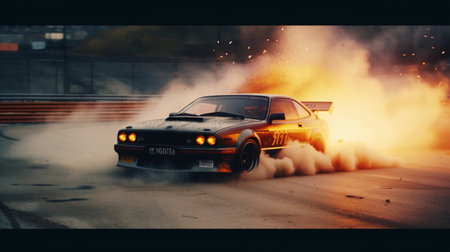 3d rendering of a racing car with smoke coming out of the hood