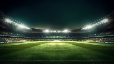 Soccer stadium at night with lights and players. 3D renderingの写真素材
