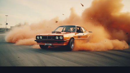 Vintage old american car drifting on the road with orange smokeの写真素材