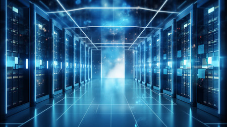 Server room data center. Backup, mining, hosting, mainframe, farm and computer rack with storage...